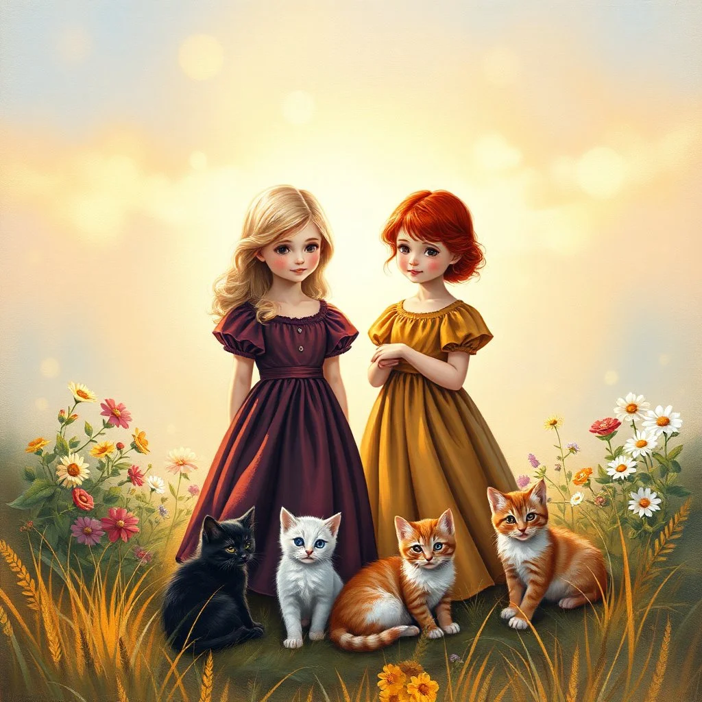 An elegant vertical painting suitable for a children's book cover or poster. Two young girls — one blonde, one redhead — in richly colored vintage dresses stand in a garden glowing with sunset light. Around them, three kittens rest peacefully: black, white, and ginger. The background shows softly glowing sky, flowers, and golden grass. The top third of the image is softly faded with light bokeh, creating space for a Hebrew or English title. The texture includes brush strokes, light craquelure, a