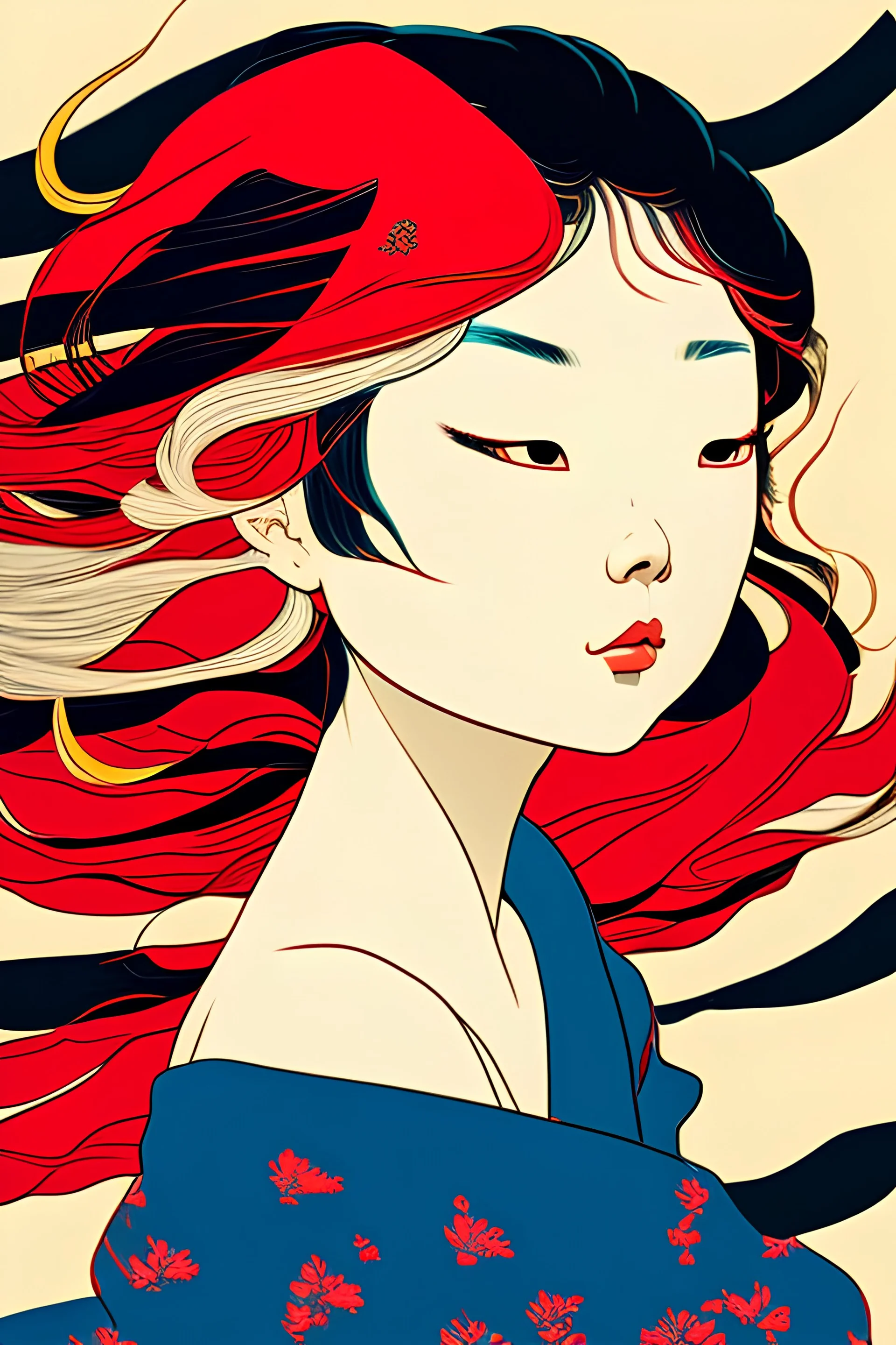 Vietnamese girl, primary colors with white highlights, half tone, close-up portrait, hair blown by the wind, Hokusai wave background, ukiyo-e style by Tomer Hanuka and Atey Ghailan and Roy Lichtenstein and Maxfield Parrish, expressive, in the style of official art, gorecore, koi fish and avian-themed, dark yellow and light black, oshare kei, full body.Vector, Cell shade,