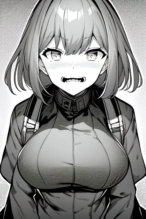 military girl, surprised face, greyscale