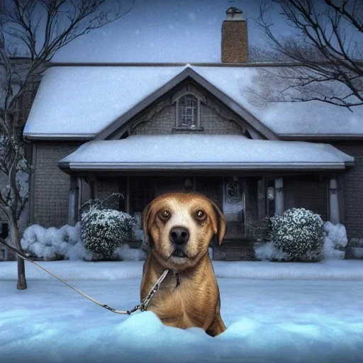 portrait of sad, scared, lonely dog tied with a leash in front of house, winter, 8k resolution, high-quality, fine-detail, intricate, digital art, detailed matte, volumetric lighting, illustration, 3D octane render, brian froud, howard lyon, selina french, anna dittmann, annie stokes, lisa parker, greg rutowski