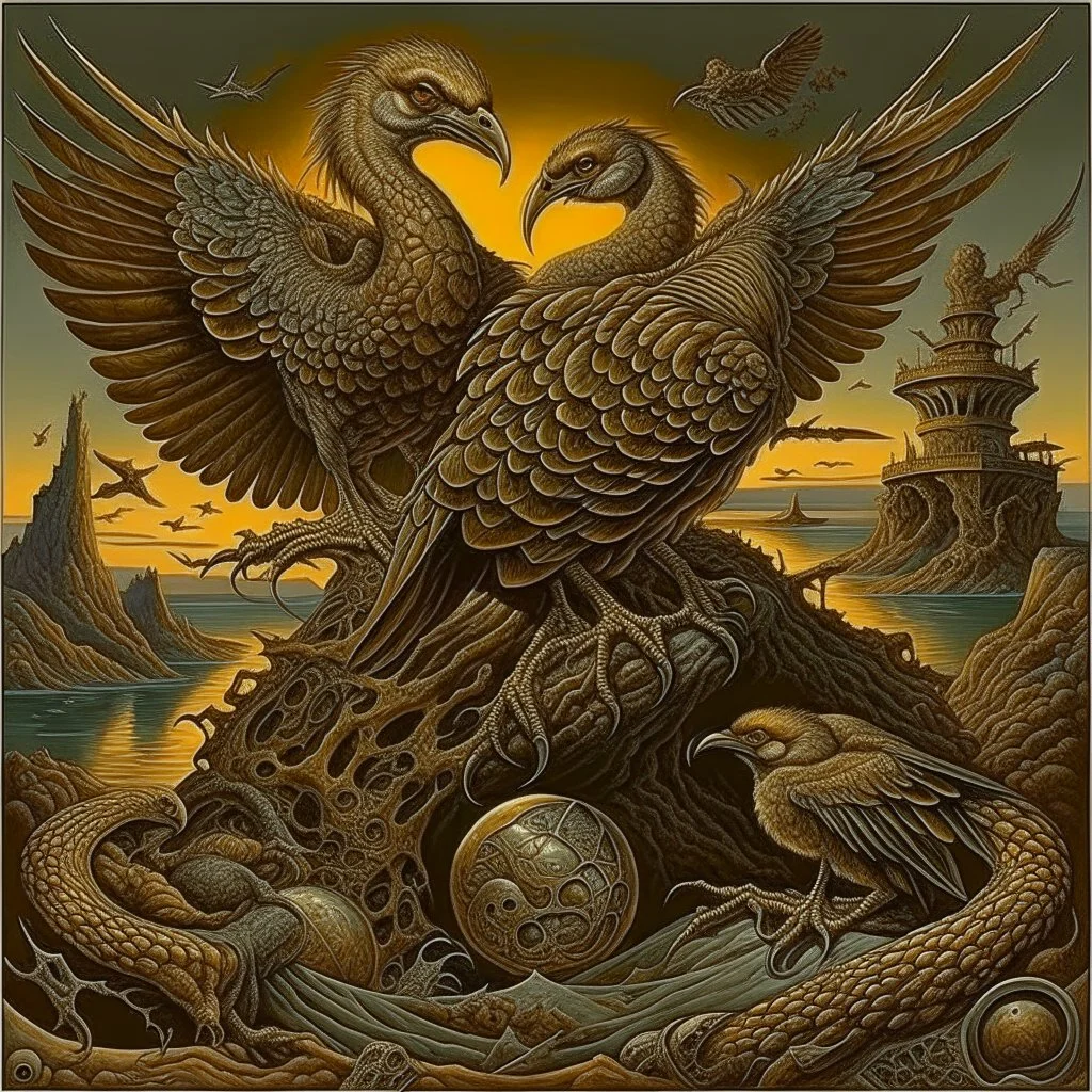 creatures of habit carrion afterglow of doom, surreal meander style of john Stephens and Michael Cheval, eerie, smooth, trending on Artstation, 16k, intricate detail, hypersurreal.