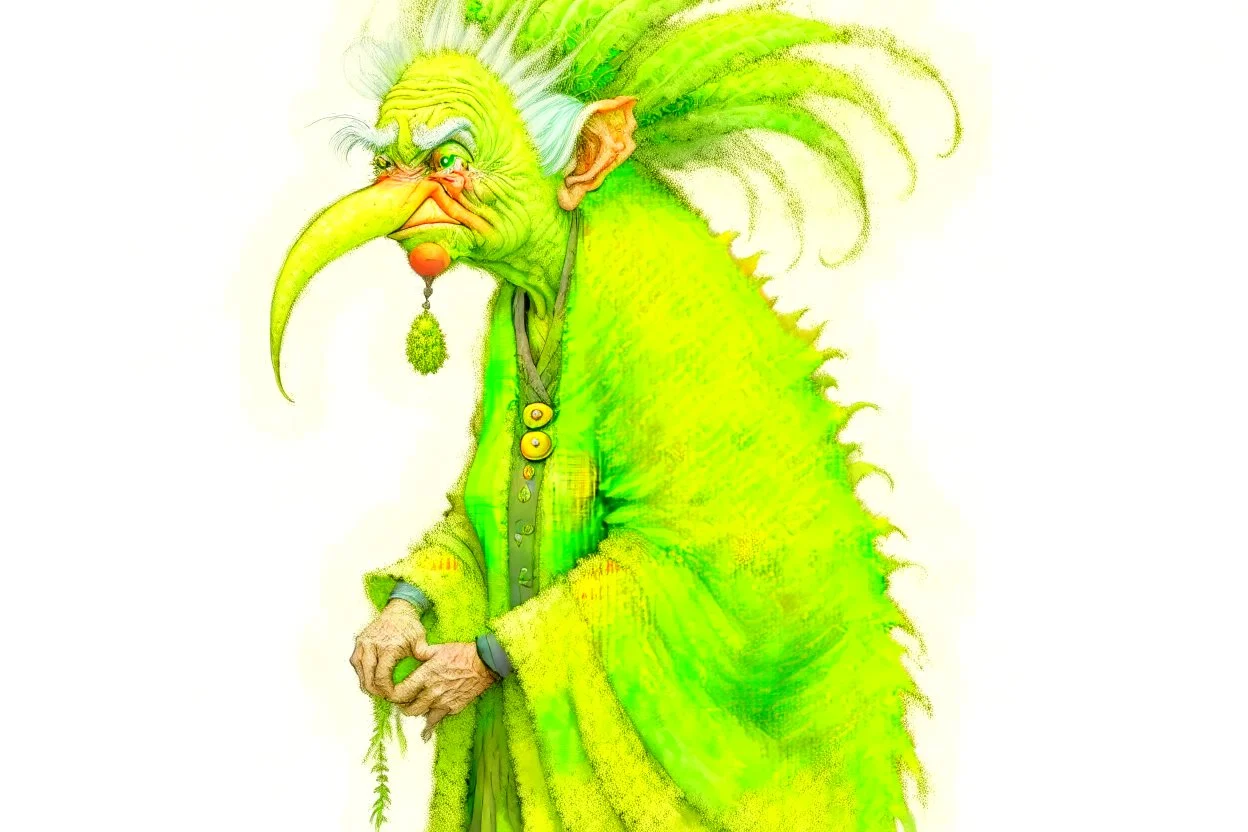 Artist Jean-Baptiste Monge style. A biomorph banana-headed old woman. White eyes. A yellow dotted green furry feathered fluffy dress.