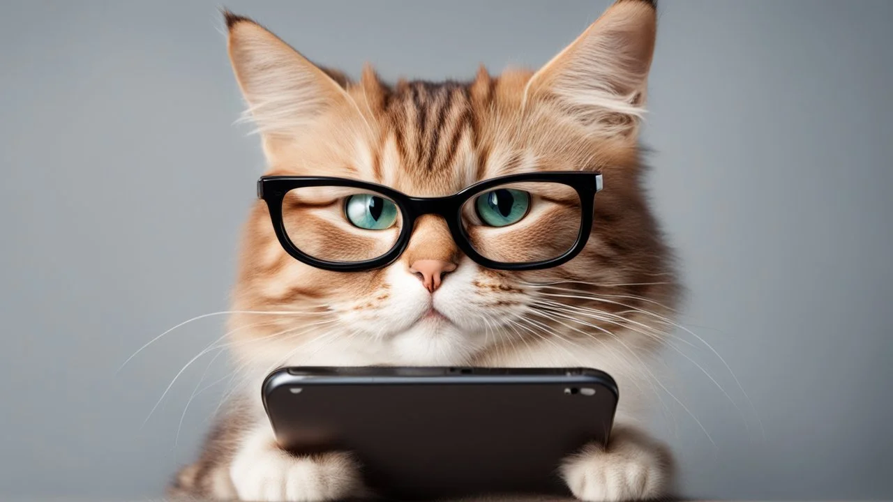 very clever cat with glasses and with smartphone.