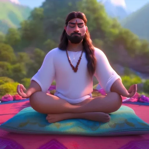 A powerful hindu yogi doing meditation under tree in Himalayas, day light, hd, hyper realistic