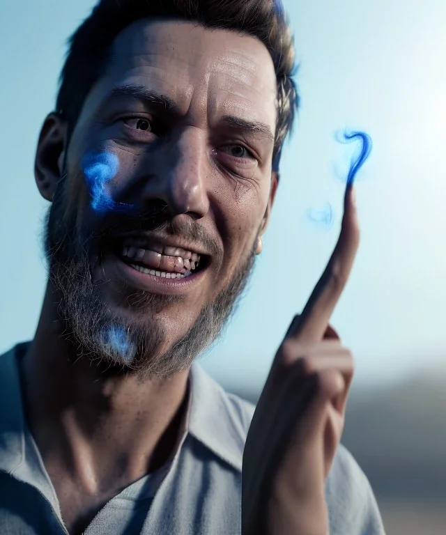 Realistic image, waist up view, a guy making the fuck you gesture with his hand, blue smoke coming out of his eyes, nose and mouth. Happy, smile, soft color, highly detailed, unreal engine 5, ray tracing, RTX, lumen lighting, ultra detail, volumetric lighting, 3d, finely drawn, high definition, high resolution.