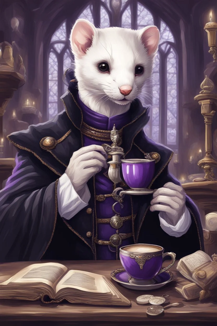 (anthropomorphic white ferret),dressed in ((cleric fantasy)) black and purple clothes with silver holy ornaments, realistic anatomy, fantasy tavern on background, mage and holy symbols around, serious face, hold cup of coffe, tired face, in the style of LOISH, glasses