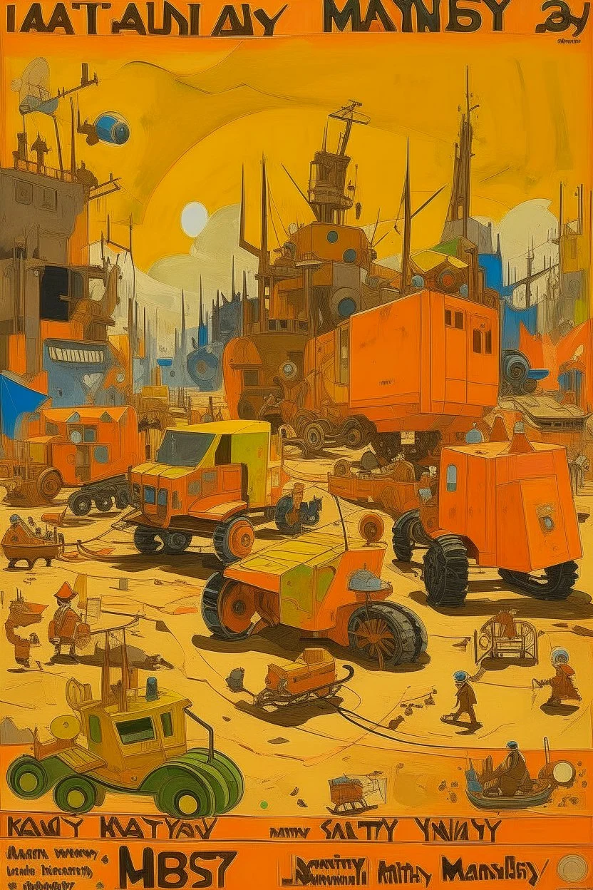 A yellowish orange colored unnerving junkyard with construction vehicles painted by Wassily Kandinsky