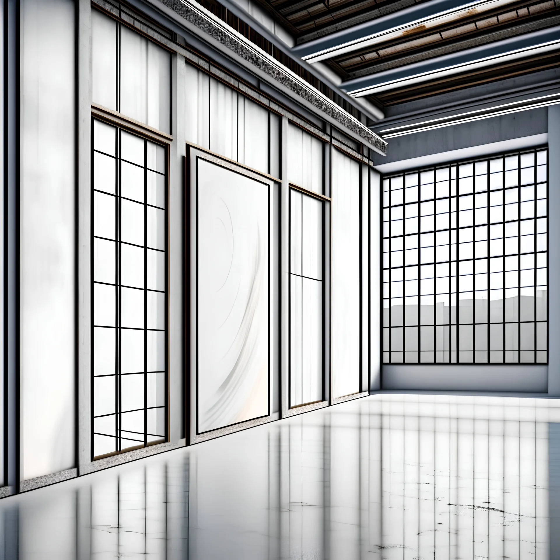 highly detailed, photorealistic MOCKUP OF A big CANVAS in a wooden float FRAME mounted on a white concrete wall in a large industrial space, abandoned factory setting, which is an art gallery , 4k, ultra-realistic, slight perspective view, light and shadows come through the windows.with high ceilings, grey concrete floors