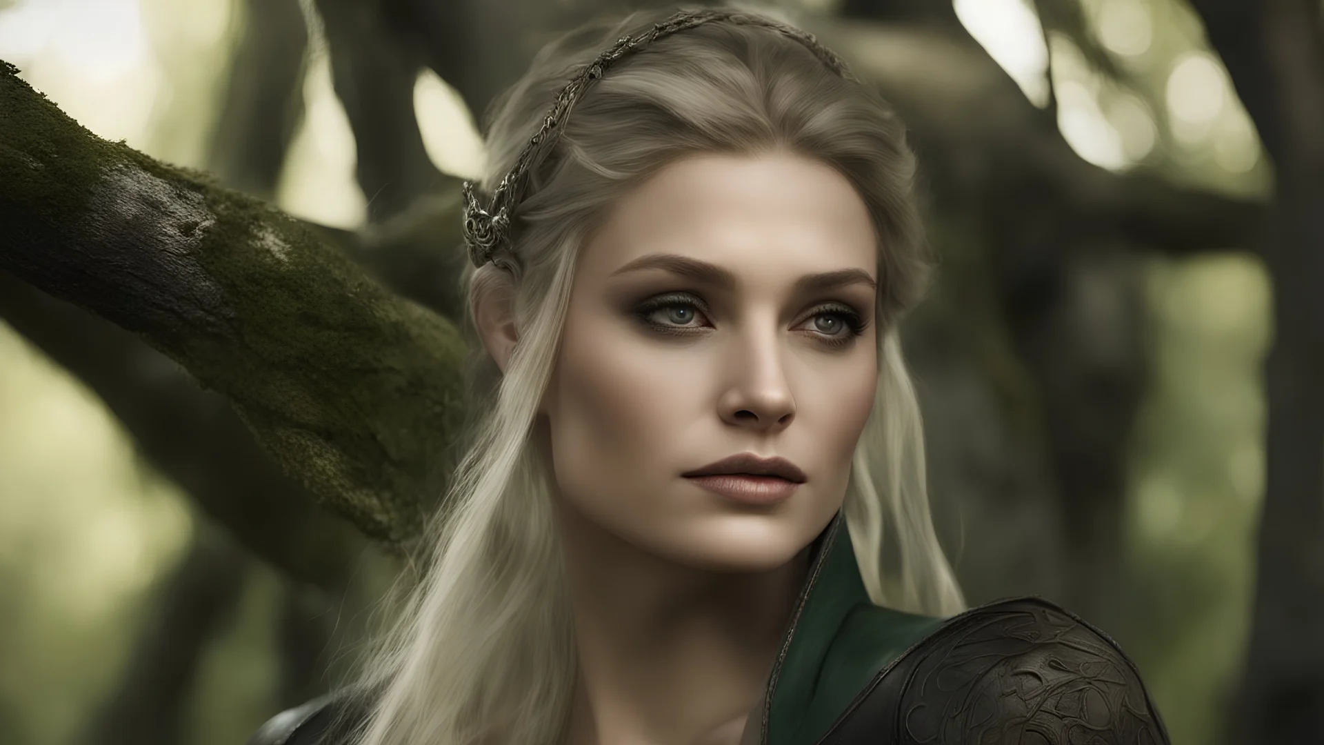 photoreal fourty-year-old gorgeous blonde elf Guardian high priestess of the Eladrin elf goddess with leather skin with mystical eyes looking like rachel weisz wearing dark geen leathers perching on a tree branch at dawn by lee jeffries, otherworldly creature, in the style of fantasy movies, photorealistic, shot on Hasselblad h6d-400c, zeiss prime lens, bokeh like f/0.8, tilt-shift lens 8k, high detail, smooth render, unreal engine 5, cinema 4d, HDR, dust effect, vivid colors