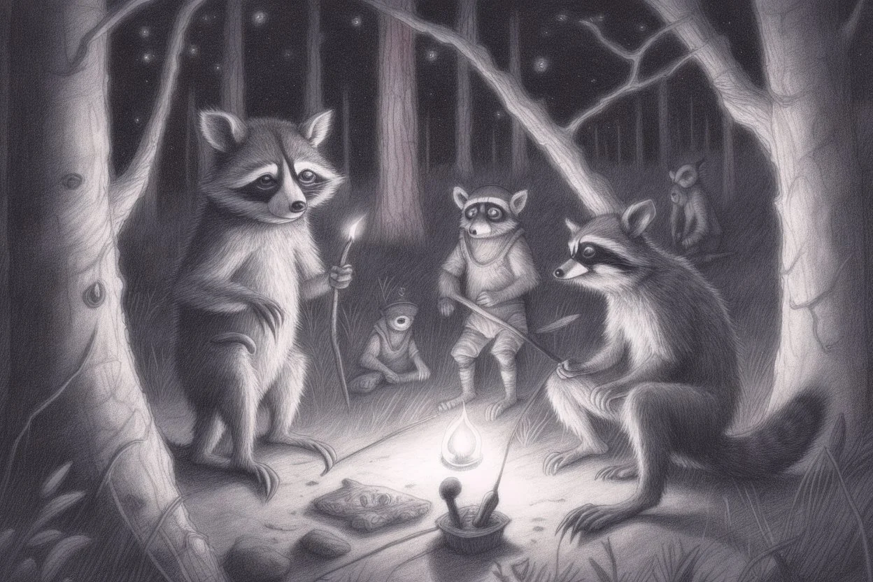 At dusk curious raccoons explores the forest. Tiptoeing into human campsites, intrigued by human artifacts they found.- Pencil drawing, realistic, graphite