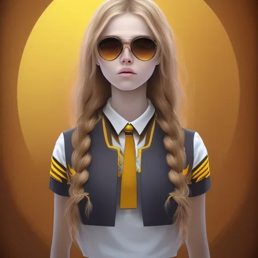 Girl with long wavy brown blond hair, yellow hawk eyes. Wears Hogwarts Hufflepuff uniform, sunglasses with a yellow clip. She has a snowy owl with yellow eyes on her shoulder.