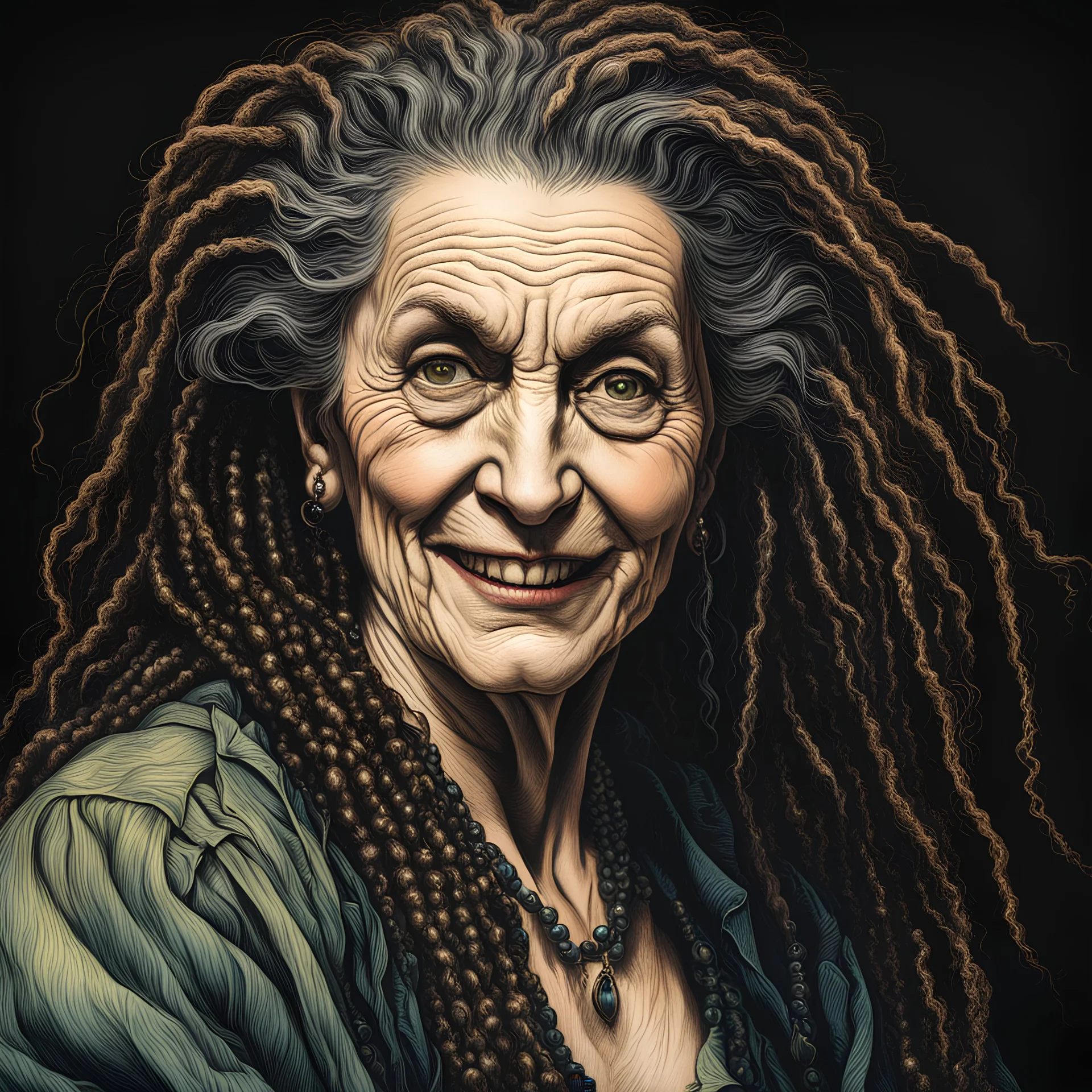 colored etching of an aged raggedly dressed, malevolent, predatory French female vampire , with highly detailed beaded dreadlock hair and facial features ,in the style of Rembrandt, Gian Lorenzo Bernini, and Johannes Vermeer, with a fine art aesthetic, highly detailed , realistic , 4k UHD