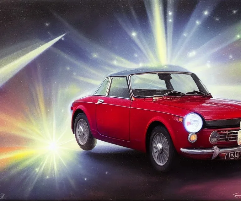 fiat 125p, city. high speed. bokeh. lens flare. warm lights. high detailed. oil on canvas