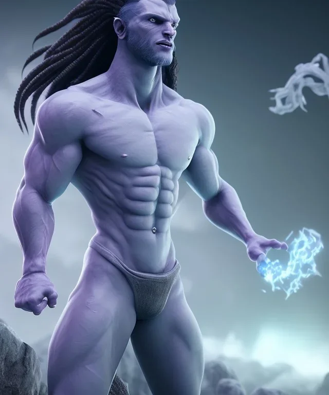  unreal engine 5, avatar, goku, white and purple lines hair, fighting pose, muscular body, shirtless, volumetric details, hyper realism