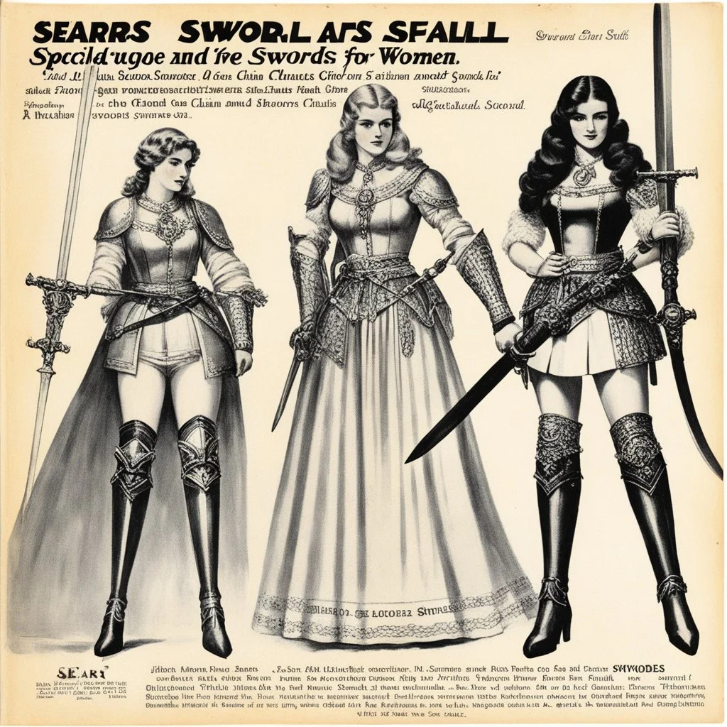 Sears catalogue special on swords and chain mails for women. Italian models wears light chain and having swords in their hand. a blonde and a brunette are presenting swords. writing for the sizes and models, and descriptions of chains and swords