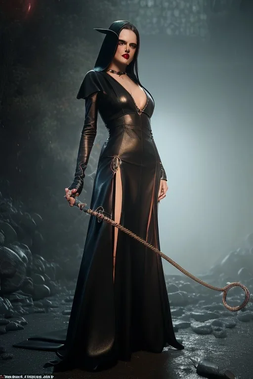 evil witch in black leather gown with a whip in her hand, big chest, angry face, inside a dungeon