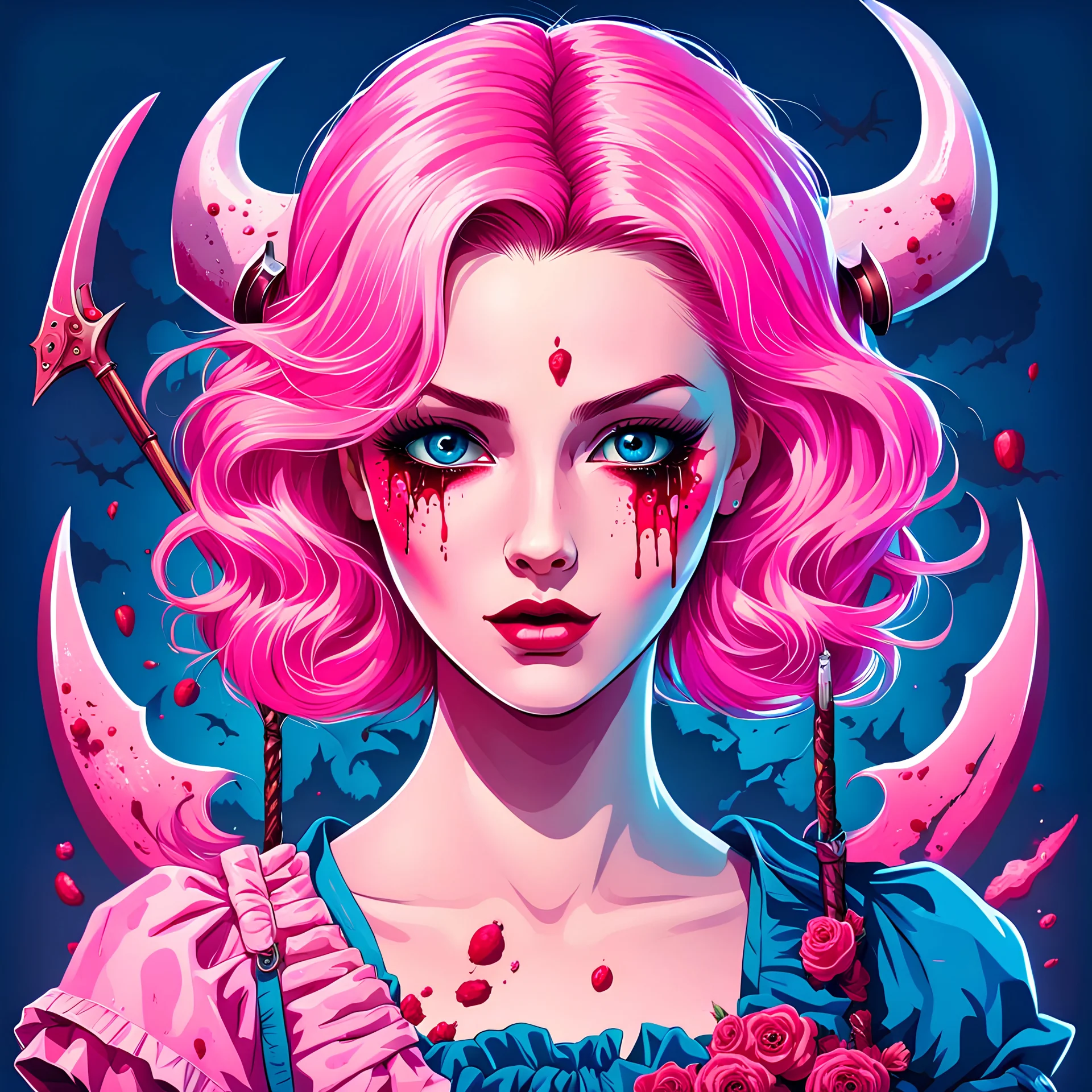 2dcg,retro art style,blue and light pink color,gore,violence,cute lady,Decapitation,dismemberment,disturbing,Monster,guts,morbid,mutilation,sacrifice,butchery,meathooks