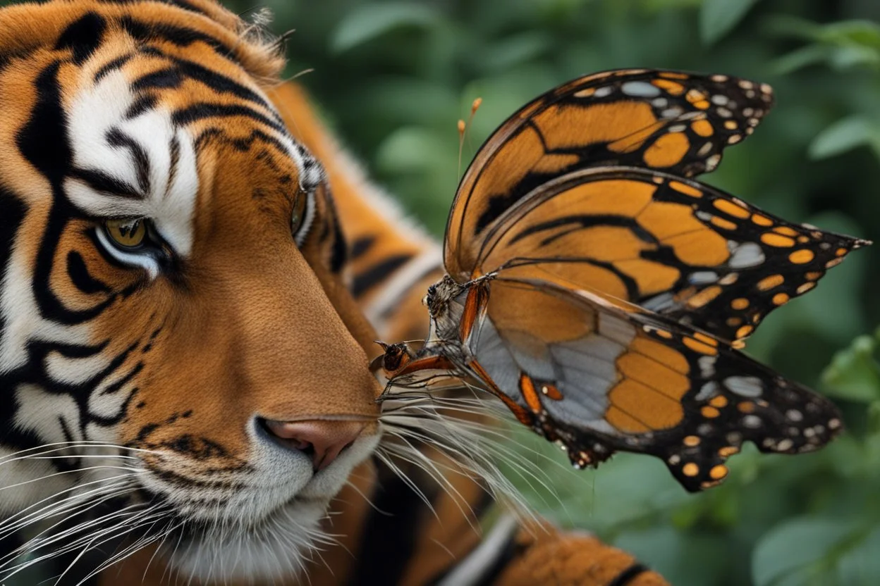 papillon posé sur le nez d'un tigre