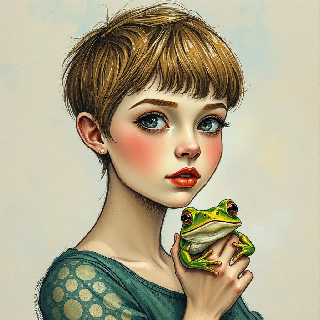 Whimsical and realistic ink, charcoal, markers, and oil painting, Impressionist style, realistic textures, minimalist approach, portrait of a young woman with a pixie cut hairstyle, holding a frog, ith delicate highlights, soft and dreamy background, pastel shades, fantastical ambiance, detailed and intricate linework, fine art quality, intricate patterns, enchanting atmosphere, ethereal lighting, by a blend of Van Gogh and Mary Cassatt, Artstation. Modifiers: bokeh Nikon D850 highly detailed di