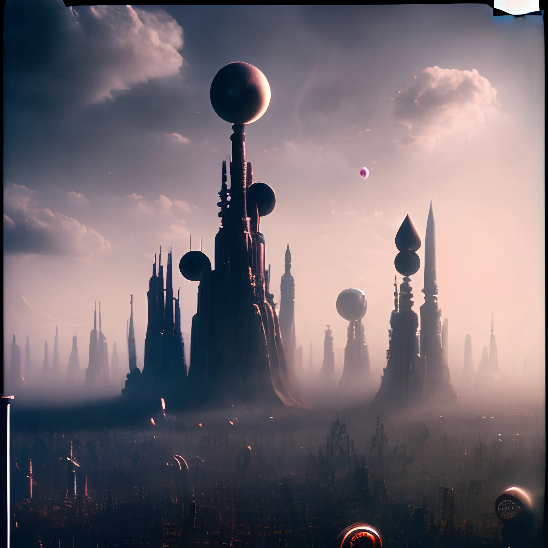 A wasteland, sci-fi city, clouds, polaroid, noon light, Max Ernst, Yves Tanguy, Audubon, 8k, 3d, 33mm photography, bright colours, sharp focus, odd spindle-shaped objects