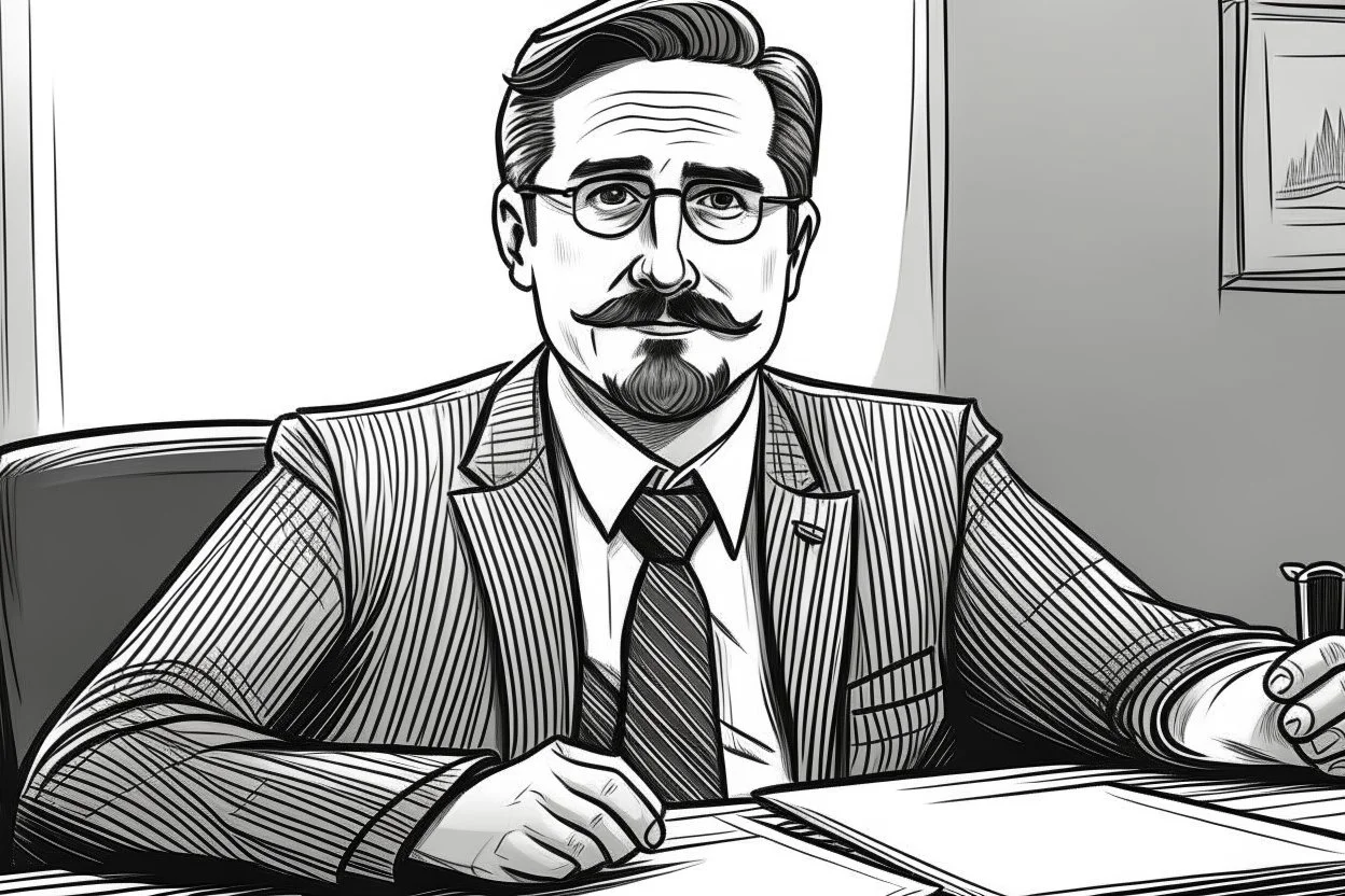 Man sitting at desk, portrait, speech, nametag, glasses, goatee, mustache, suit; comic style, caricature, sketch art; black and white; grayscale, pencil drawing