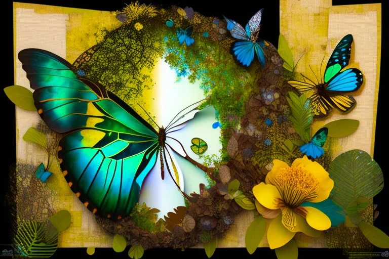 double exposure, Rainforest, flowers, birds, browns and greens and yellow and blue, no text, signature no watermark, merged layers, waterfall and butterflies Patchwork and painting by Meghan Duncanson and Jennifer Lommers and Didier Lourenço in sunshine plastic 3D effect ochre, burlap, mirror foil