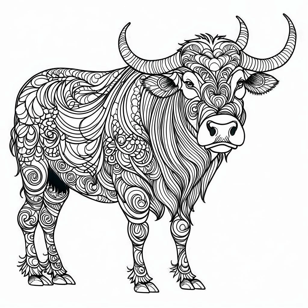 bull, realistic, coloring page, Animal, mandala, only draw lines, coloring book, clean line art, wildlife-inspired, kid style, –no sketch, color, –ar 3:4, white background, minimalistic black lines, 8k, minimal black color, low level black colors, coloring page, use pure black and white colors, avoid thick black colors, thin black line art, avoid colors, perfect shape, perfect clear lines, clear edges, fill total edges, exact perfect edges, not use black colors, dont use black colors