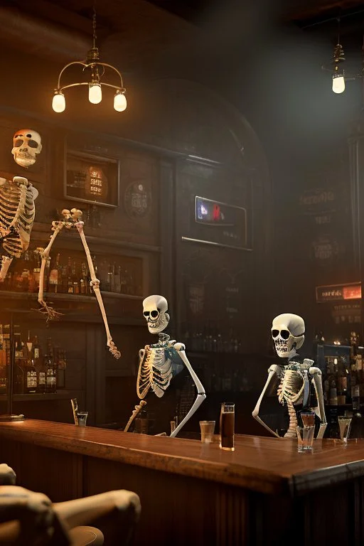 Skeletons having a drink at a bar counter, smoking sigars