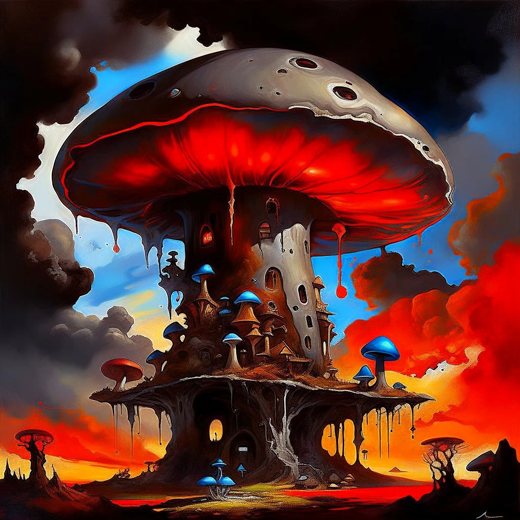 A fantabulous black, blue and orange (((mushroom tower house))) erected atop a (geologic pillar), surrounded by the uncanny imaginative ((( swirling skies))), offset by the stark hues of a (neon-tinged nebulous space scape), within. captured by the hand a skilled master painter with a focus on (softly blurred compositions and voluminous lighting).