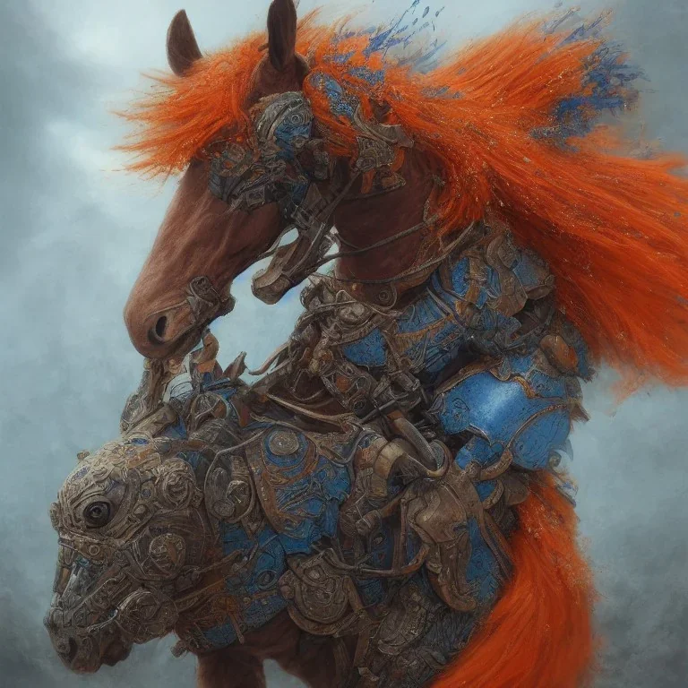 angry horse in orange and blue battle armor, bucking, a highly detailed illustration, background of Inka jungle, realistic render, 8 k, micro detail, intricate, elegant, centered, digital painting, Artstation, smooth, sharp focus, illustration, artgerm, tomasz alen kopera, peter mohrbacher, donato giancola, joseph christian leyendecker, wlop, boris vallejo