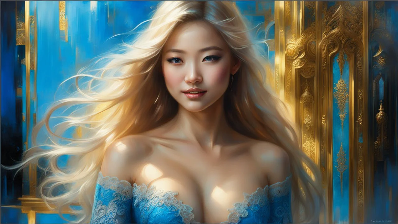 In Casey Baugh's evocative style, art of a gorgeous smiling asian goddess full body with long blonde hair, blue eyes , beautiful chest and long legs, futuristic, transparent blue lace, elegant, highly detailed, majestic, Baugh's brushwork infuses the painting with a unique combination of realism and abstraction, greg rutkowski, surreal gold filigree, broken glass, (masterpiece, sidelighting, finely detailed beautiful eyes: 1.2), hdr, realistic painting, natural skin, textured skin,