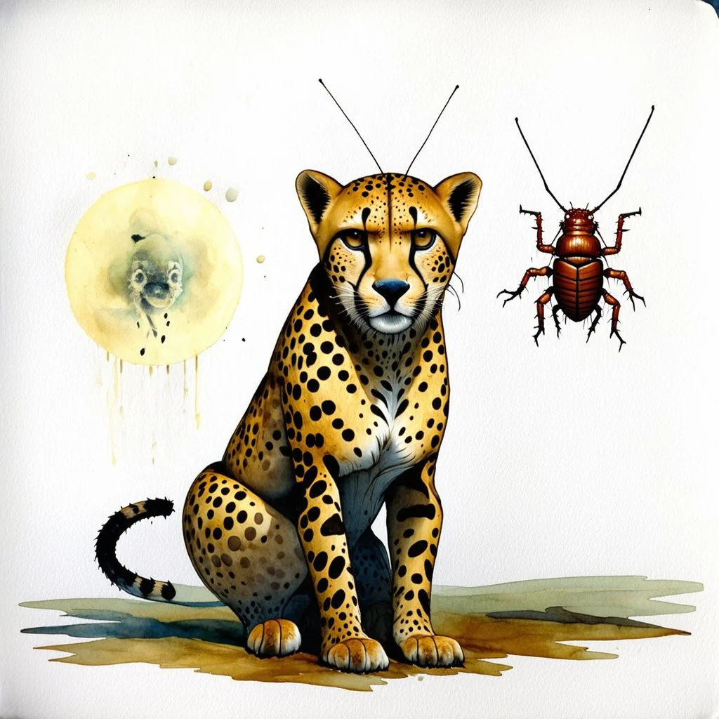 Asymmetric and offset, full color watercolor illustration, unsettling undead cheetah and cockroach hybrid, by Dave McKean and Victor Pasmore and Stephen Gammell, occult transience treachery bizarre creature by Santiago Caruso, violent colors, liminal oncology