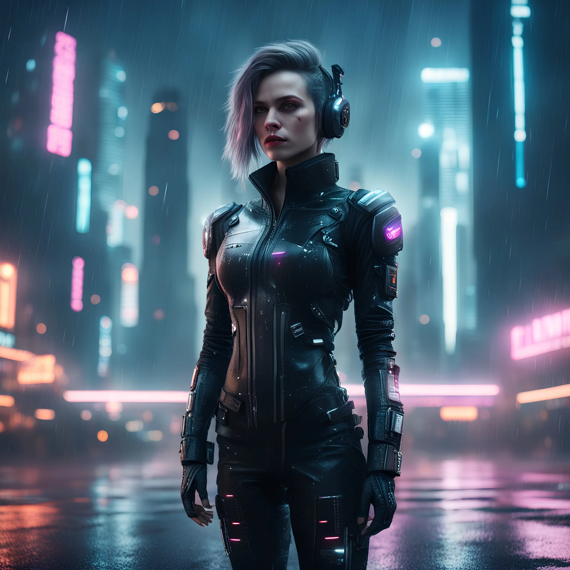 An ultrarealistic photograph of a cyberpunk woman, in futuristic black and silver pilot suit, standing in the rain in a futuristic cityscape with tall skyscrapers, neon lights, dystopian, bladerunner, cyberpunk 2077, 8k