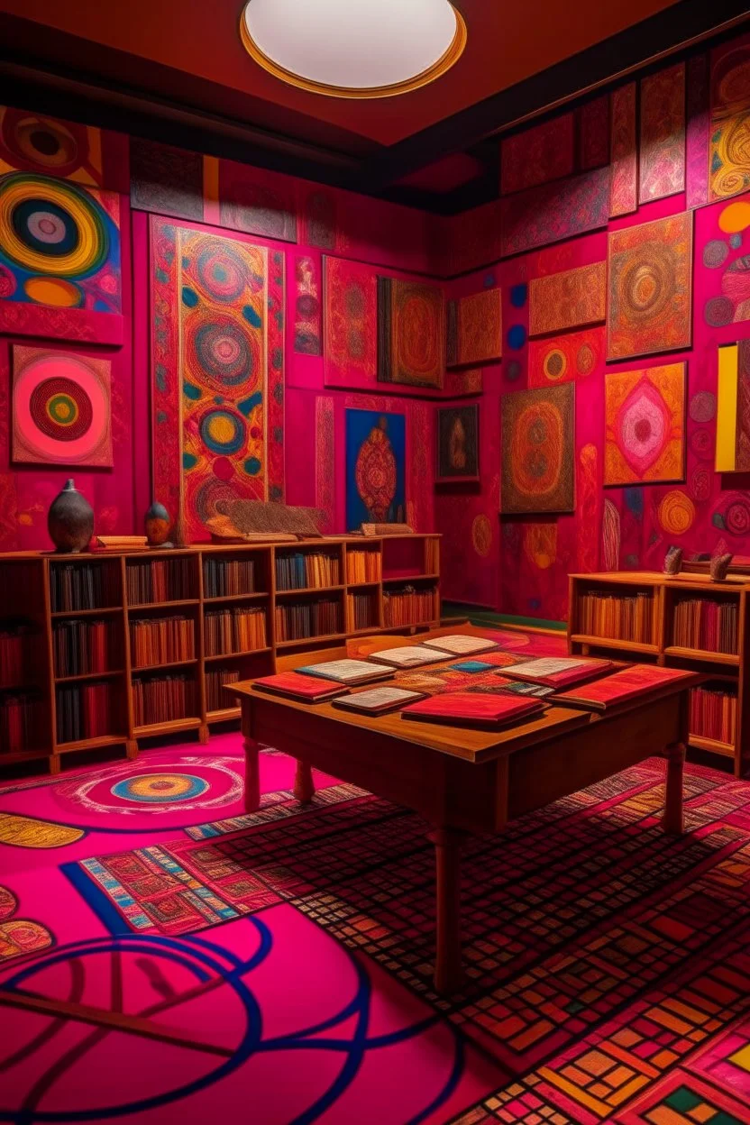 A magenta psychic library with telekinetic books designed in medieval tapestry painted by Wassily Kandinsky