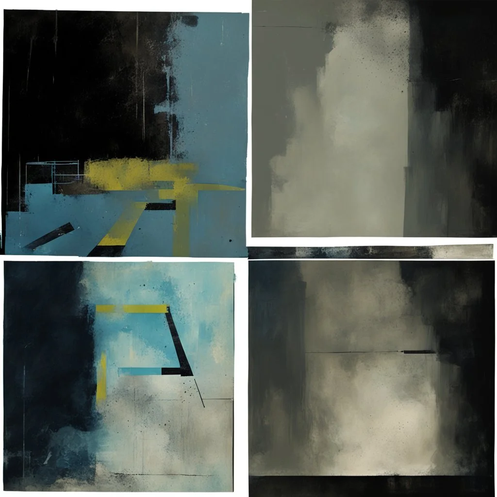 Minimal contemporary abstract oil paintings of desolate 1960s carpark with road markings and concrete fragments. Overlay with grungy typography graphics.