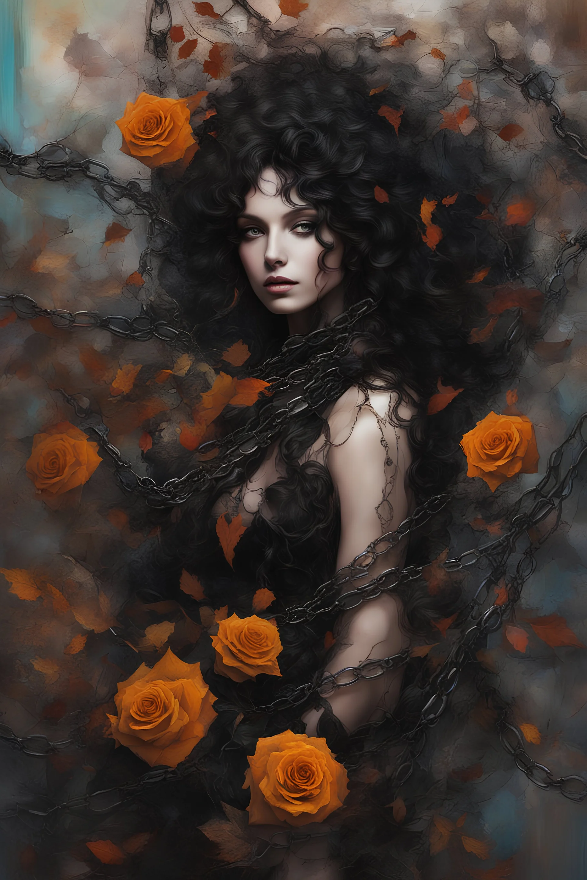 abstract creation of a beautiful girl with black curly hair, surrounded by black roses, wrapped in thick metal chains, glass petals on the ground, autumn and bright colours,dried out thorn bush, chaos,