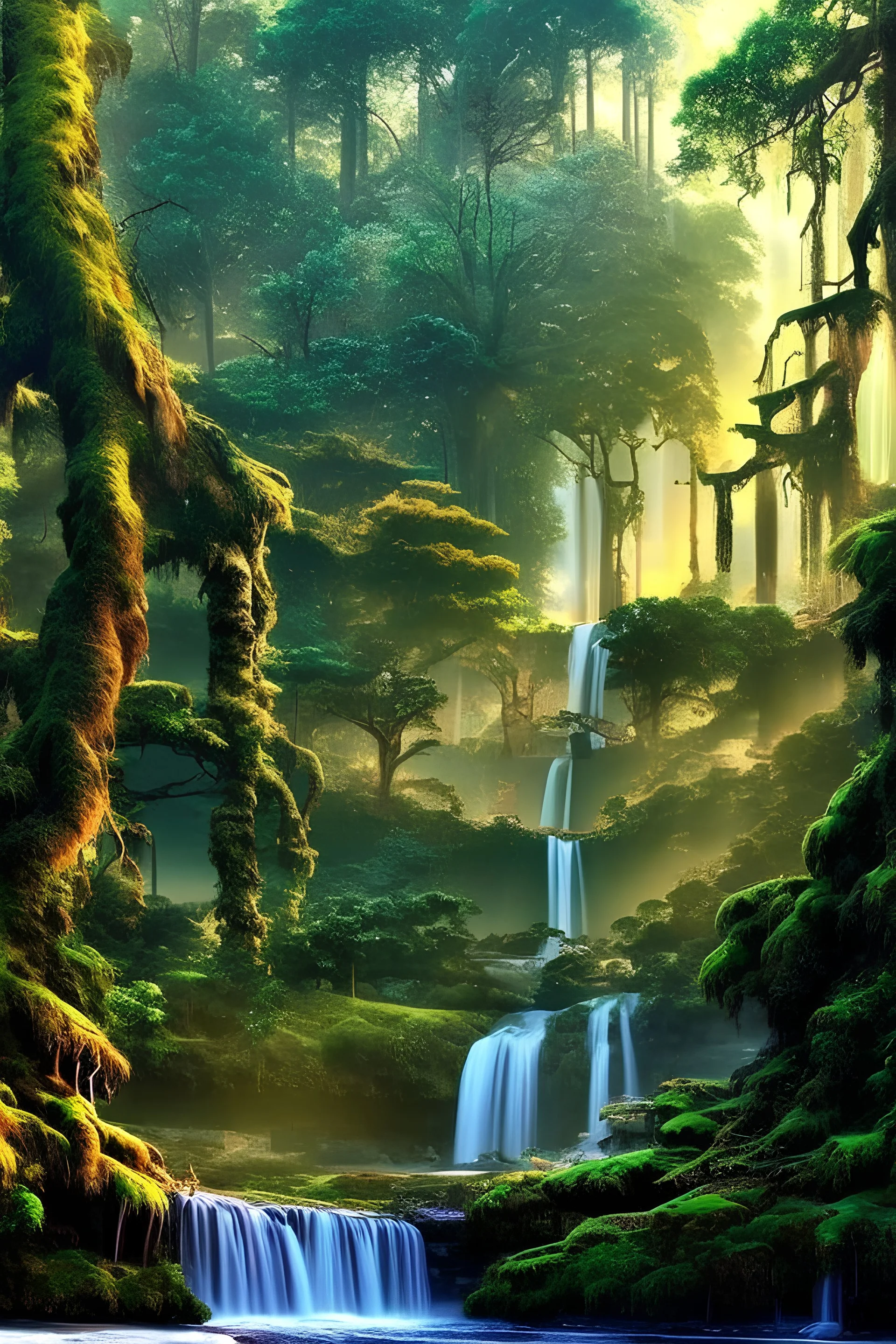 Beautiful forest landscape with waterfalls and tall trees