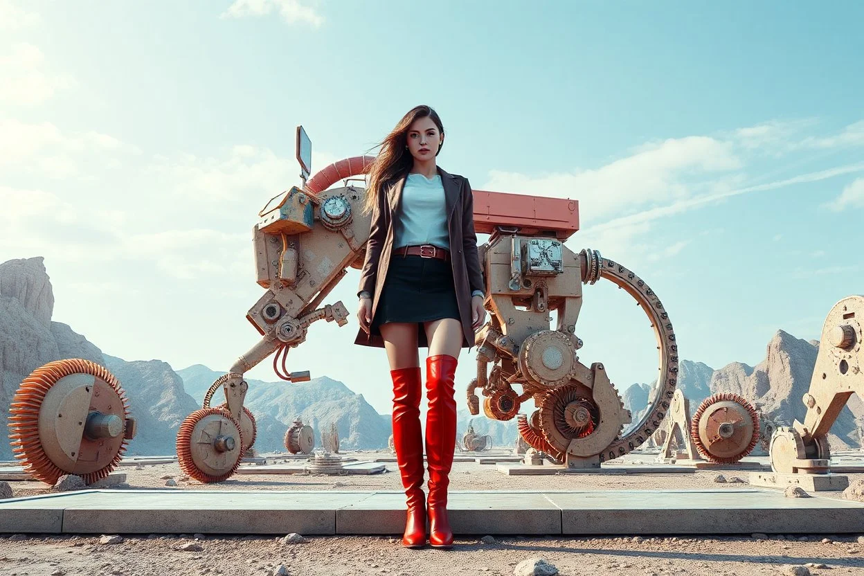 beautiful full body with long boots and modern dressed lady in surreal world made of recursive fractal random size modern mechanical basic objects with helical strip colors,geers, full body posing to camera