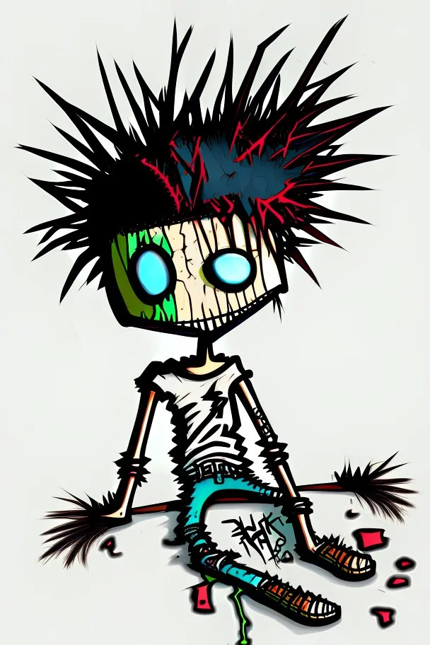 2d drawing of a stickman, cool with punk hair, x eyes like in hangman, laying flat on stomach,top view of full body,3d realistic in colour