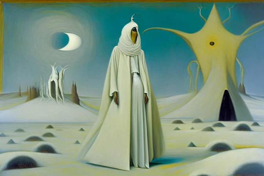 A woman wearing a white turban and long white coat in a surreal landscape by artist "Leonora Carrington" and "Max Ernst"