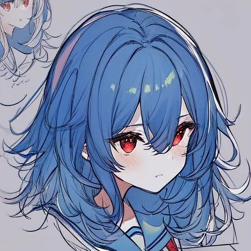 Clear focus, High resolution, rough line sketch art, cute, cartoon, medium blue hair, hair between eyes, fluffy hair, red eyes, wearing a sailor uniform