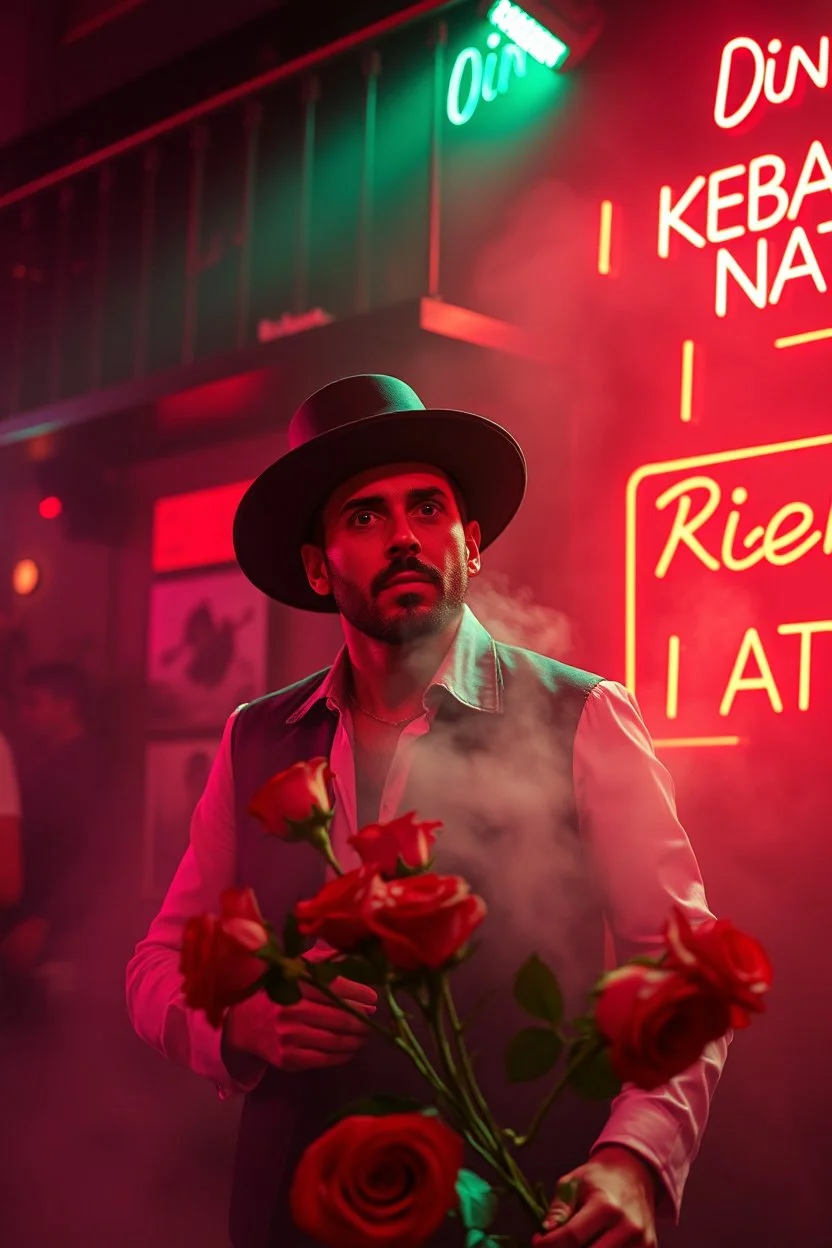 An spanish Guy with big eyes "Enrique" performing at dance club, his name is "Enrique" Red roses On stage, red Neon lights and smog, and "Din KEBAB I NATT" big sign on the wall, serenade under balcony, ZORRO vibes