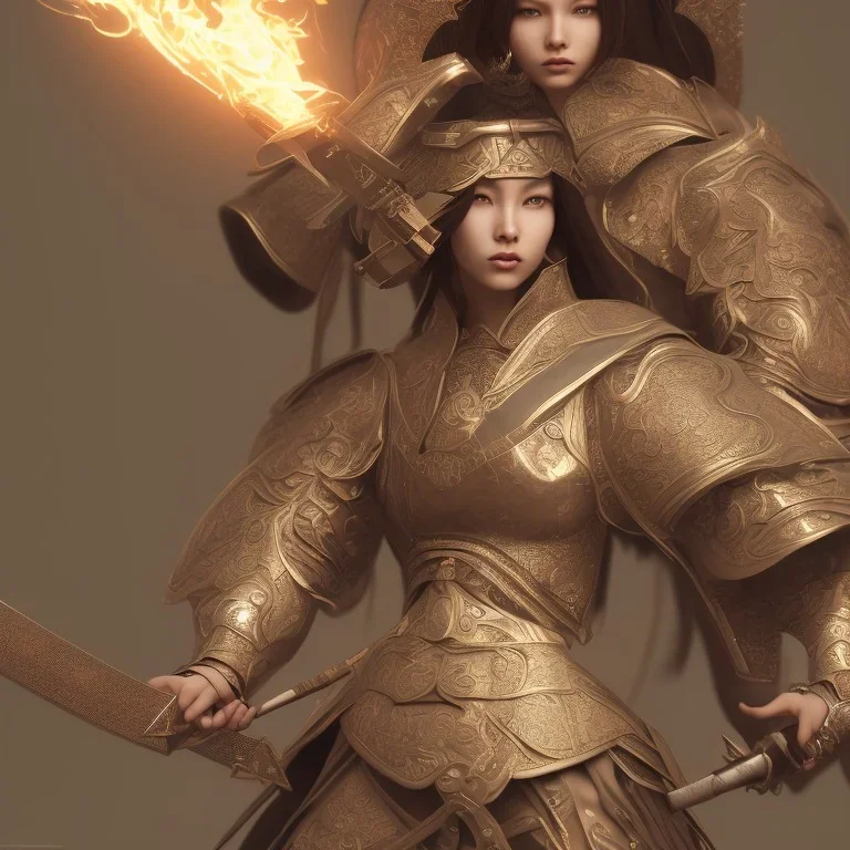 wonderfull woman japanese, clothes samurai, sword flame, incredibly detailed, ultra high resolution, 8k, complex 3d render, cinema 4d.