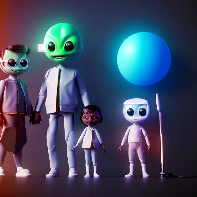 Ultra Realistic family portrait, living room. father. mother. daughter. alien pet. Little flying drone. retro futuristic, minimal style. smile, happy. highly detailed, concept art, unreal engine 5, ray tracing, RTX, lumen lighting, ultra detail, volumetric lighting, 3d, finely drawn, high definition, high resolution.