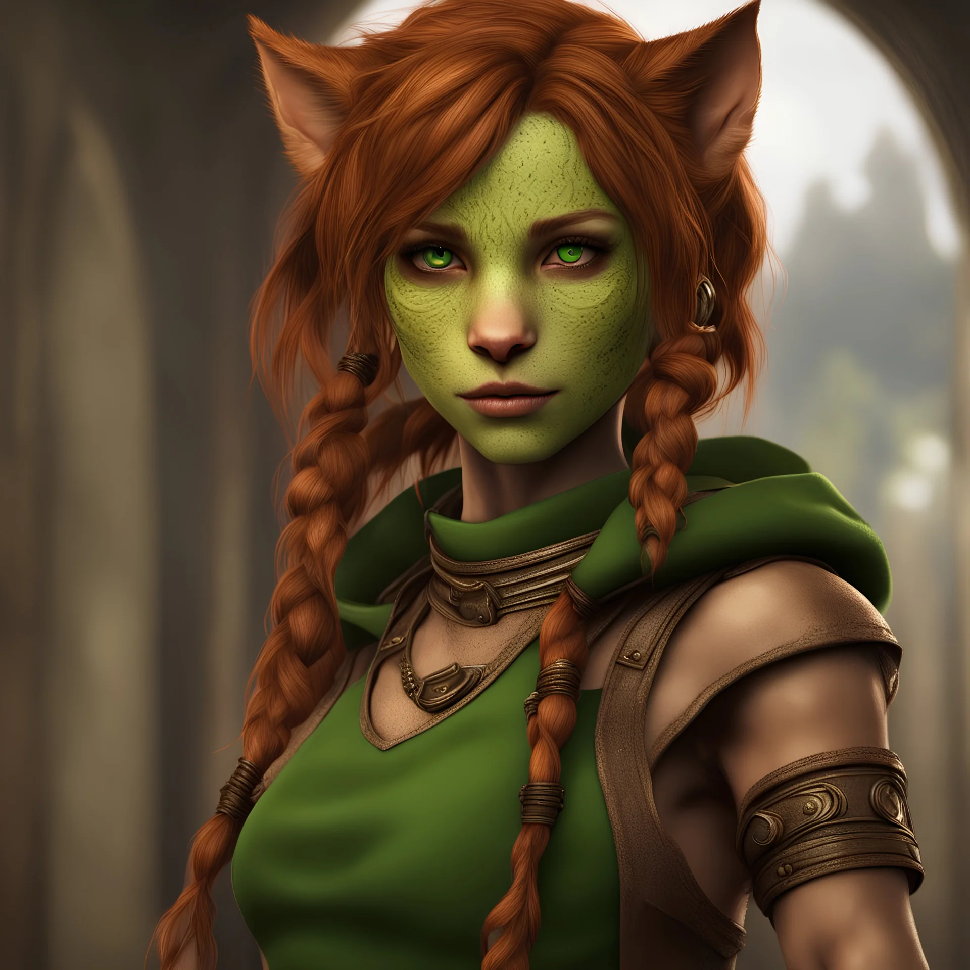 Tabaxi female character from D&D with flowing auburn hair, green eyes, wearing pigtails, ultra HD, realistic, vivid colors, highly detailed, UHD drawing, pen and ink, octane rendering, 8k, photorealistic concept art, soft natural light, volumetric, cinematic quality, trending on ArtStation.