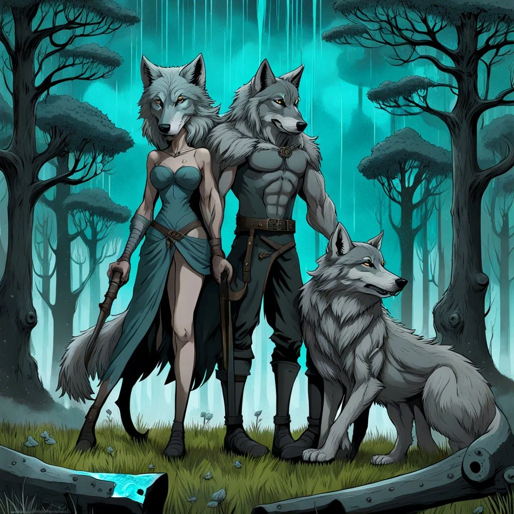 digital art from the side a tall dark gray body hair anthropomorphic man wolf with pale gray body hair anthropomorphic female wolf carry together in their paws a short heavy iron blacksmith's anvil take in a blue-green meadow, in the background dark trees with huge trunks, rainy day, high contrast, high detail, atmospheric, dark fantasy, sci-fi atmosphere, cinematic