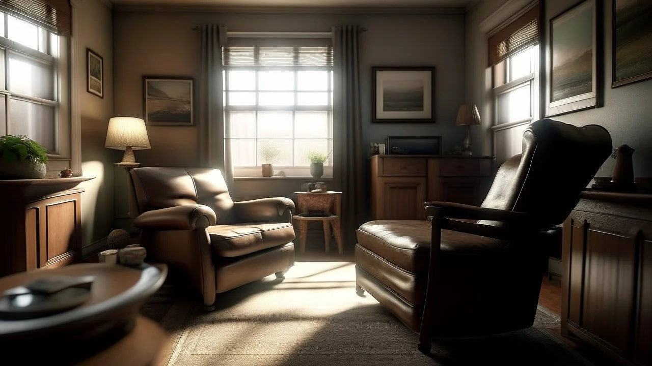 Photorealistic wide shot of an old woman's living room. Tidy and sparsely furnished with a well-loved comfy leather recliner, sidetable and older tv. The recliner, at the long end of the room sits to one side and faces the tv. A small stool on wheels sits beside the tv. There is an open window with open drapes. The drapes appear to be hand sewn and tidy. The room feels empty and is bright but slightly desaturated.