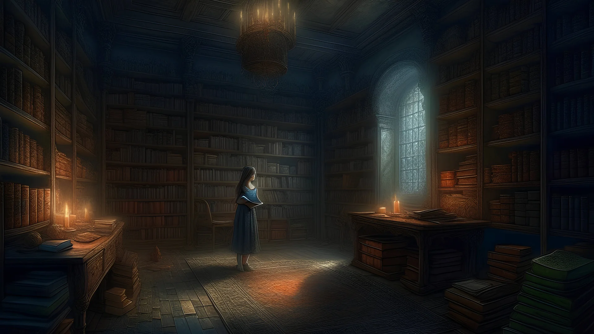 woman in a mysterious room, infinite library, bookshelves, candles, Beksinski and Moebius painting, highly detailed, artstationHD, artstationHQ, 4k, 8k, beautiful lighting, hq, sharp focus, trending on artstation,