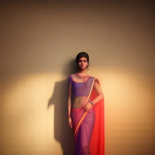 full body photo of a girl in saree in dark room with neon light ,hyperrealistic,detailed,8k,cinematic