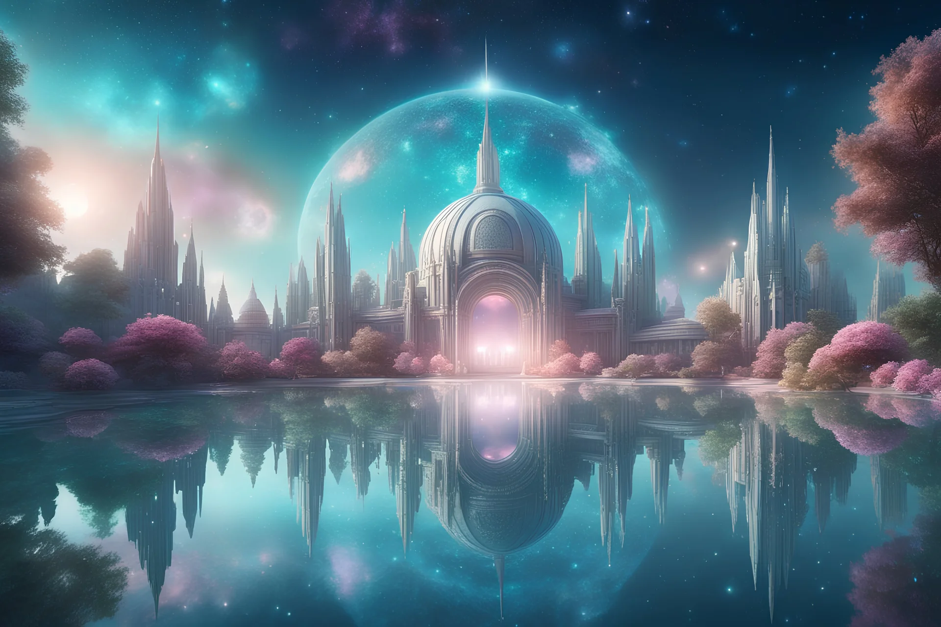 harmonique cosmic city with seral garden and great building, un environnement magnifique, cosmique, dôme à facette, cristauxs, lac , couleur turquoise. couleurs douces et pastel. infiniment de détails. ciel étoilés, étinecelles de lumières . haute définition, 4k,cosmic star sky